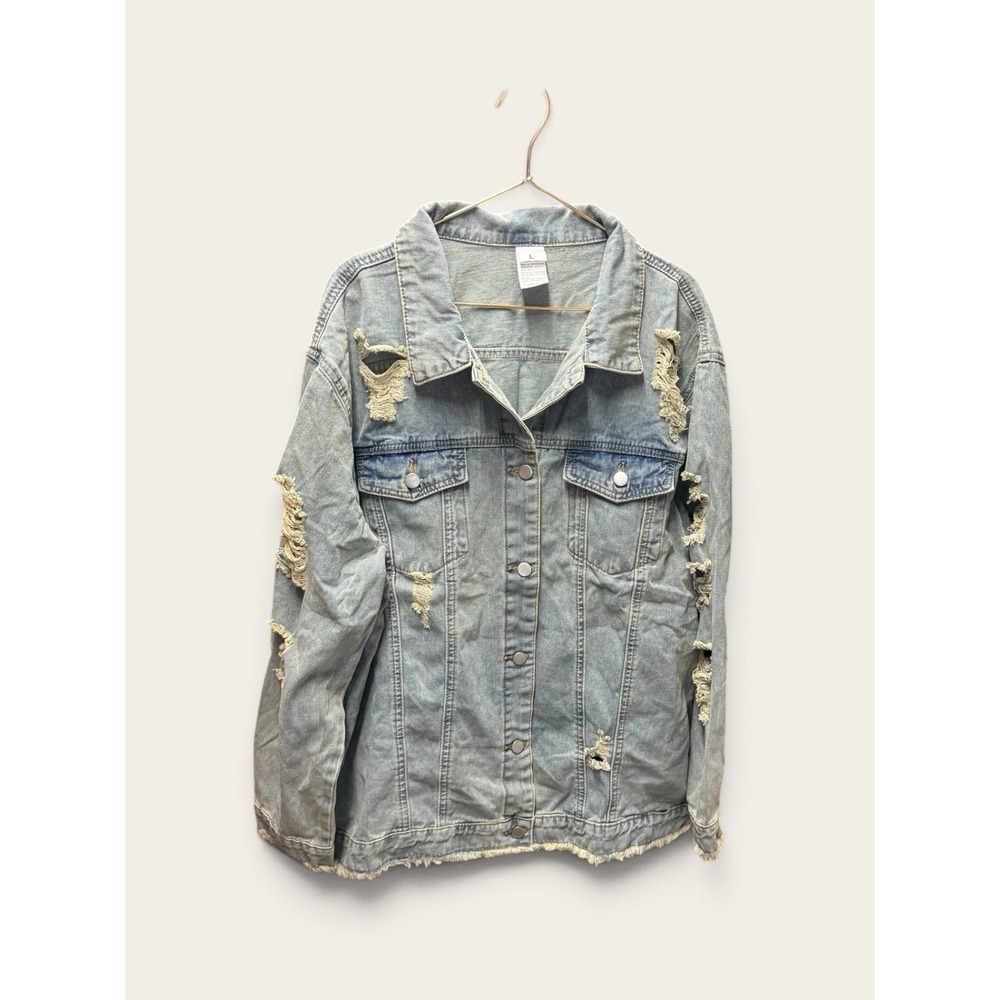 Mens Light Wash Distressed Denim Jacket Frayed Hem Button Up Trucker L